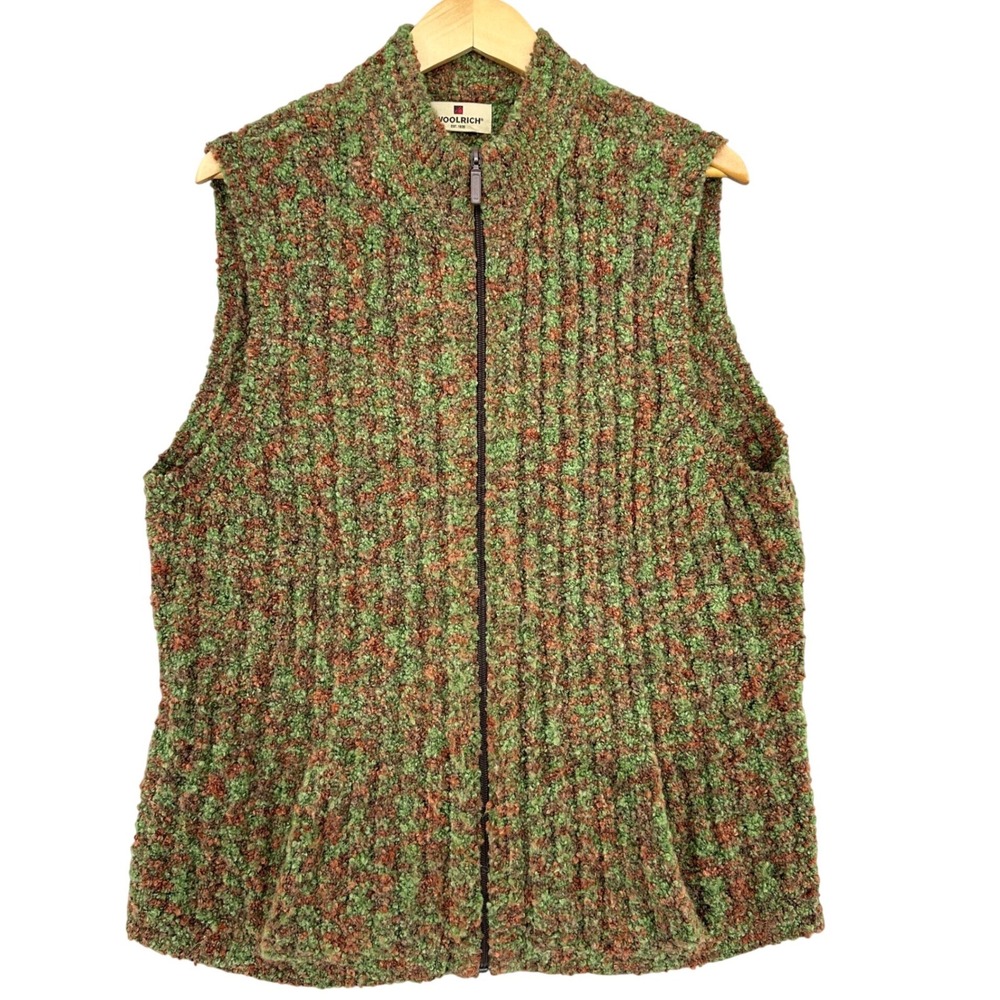 Woolrich Full Zip Knit Vest Green Brown Multi Boucle Sleeveless XL Womens XL